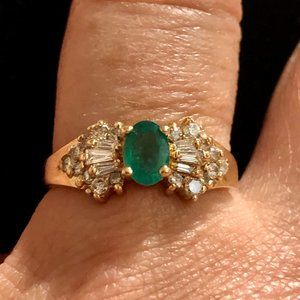 Solid 14K Yellow Gold Diamond & Oval Emerald Ring